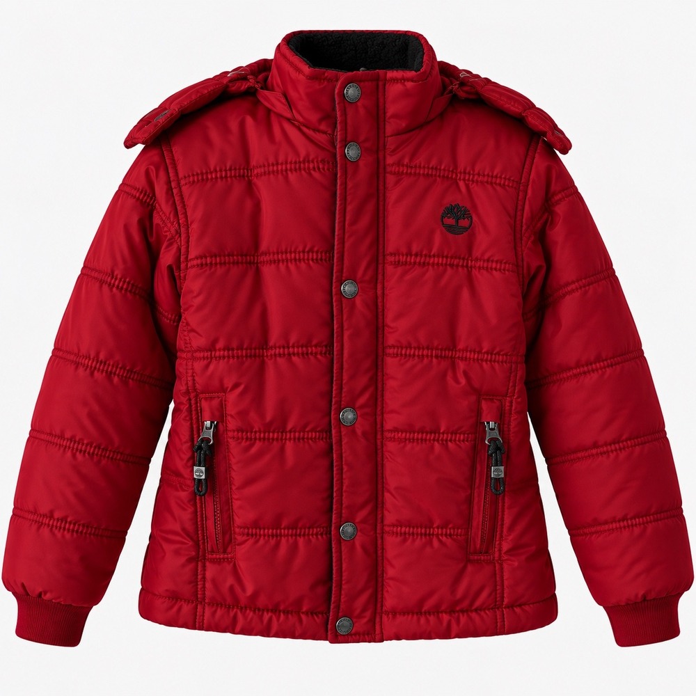 Timberland Puffer Jacket Quilted Hooded Fleece Lined S Red Winter Coat